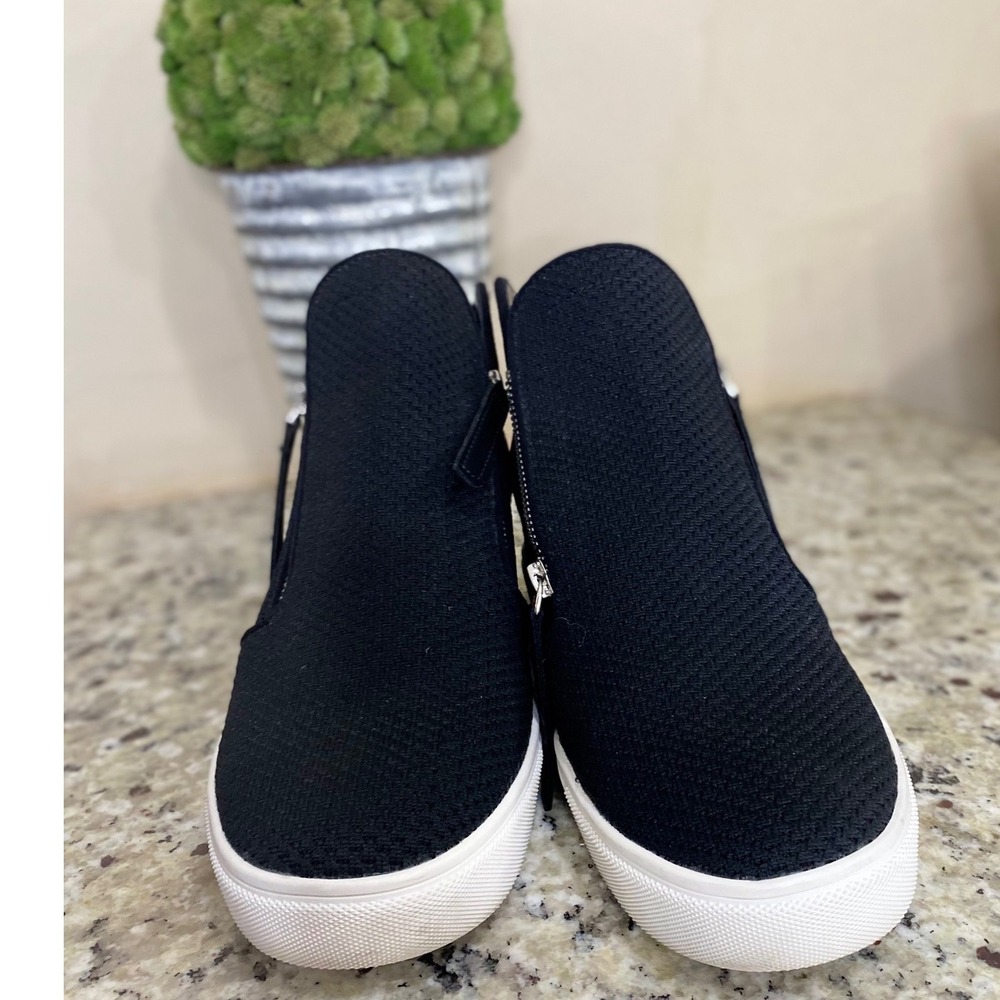 Steve Madden Black Knit Hidden Wedge High Top Sneakers Side Zip Womens - Picture 2 of 6